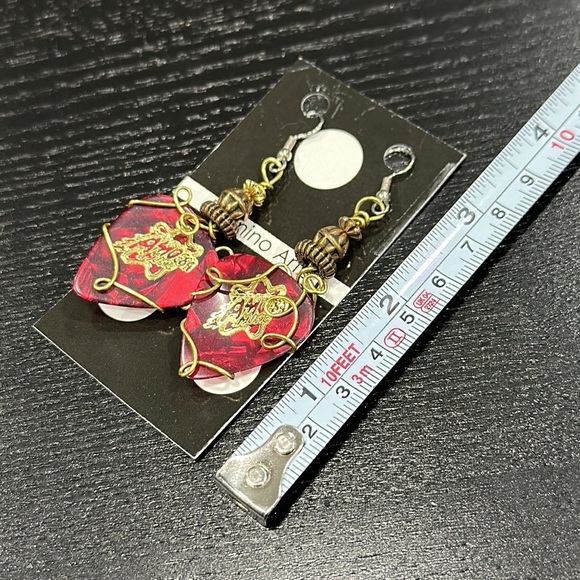 Amoeba Music Red and Gold Guitar Pick Earrings - Picture 4 of 4
